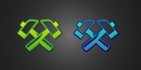 Green and blue Crossed hammer icon isolated on black background. Tool for repair. Vectorのイラスト素材