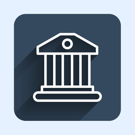 White line Bank building icon isolated with long shadow background. Blue square button. Vectorのイラスト素材
