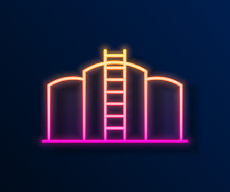 Glowing neon line Oil tank storage icon isolated on black background. Vessel tank for oil and gas industrial. Oil tank technology station. Vectorのイラスト素材