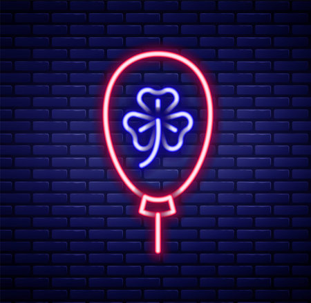 Glowing neon line Balloon with clover trefoil leaf icon isolated on brick wall background. Happy Saint Patricks day. National Irish holiday. Colorful outline concept. Vectorのイラスト素材