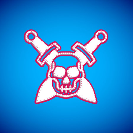 White Crossed medieval sword with skull icon isolated on blue background. Medieval weapon. Vectorのイラスト素材
