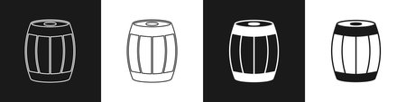 Set Wooden barrel icon isolated on black and white background. Alcohol barrel, drink container, wooden keg for beer, whiskey, wine. Vectorのイラスト素材