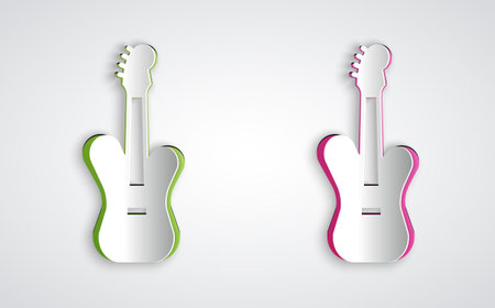 Paper cut Electric bass guitar icon isolated on grey background. Paper art style. Vectorのイラスト素材