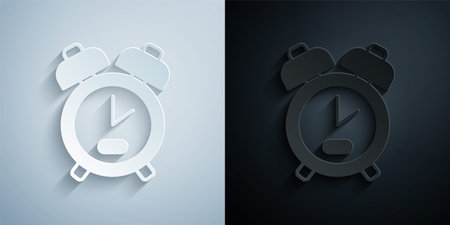 Paper cut Alarm clock icon isolated on grey and black background. Wake up, get up concept. Time...