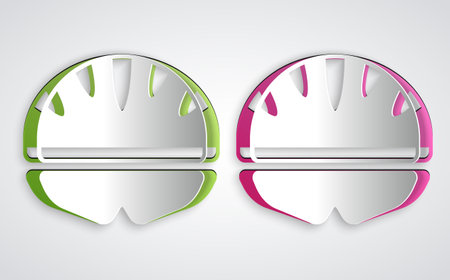 Paper cut Bicycle helmet icon isolated on grey background. Extreme sport. Sport equipment. Paper art style. Vectorのイラスト素材