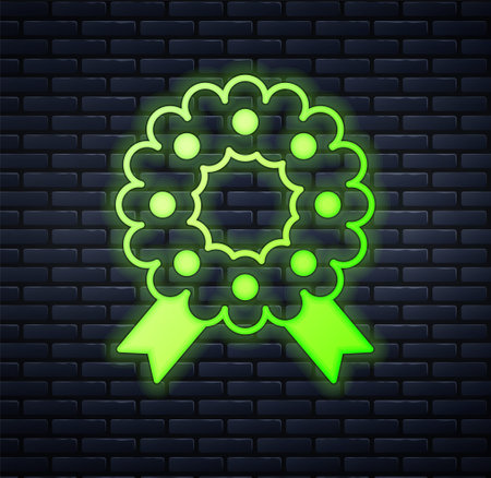 Glowing neon Christmas wreath icon isolated on brick wall background. Merry Christmas and Happy New Year. Vectorのイラスト素材