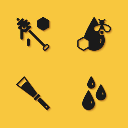 Set Honey dipper stick, Drops of honey, Beekeeping knife and and honeycomb icon with long shadow. Vectorのイラスト素材