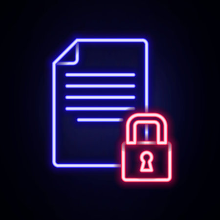 Glowing neon line Document and lock icon isolated on brick wall background. File format and padlock. Security, safety, protection concept. Colorful outline concept. Vectorのイラスト素材