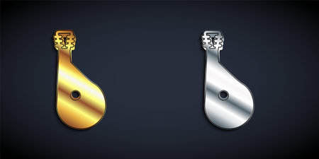 Gold and silver Ukrainian traditional musical instrument bandura icon isolated on black background. Long shadow style. Vectorのイラスト素材
