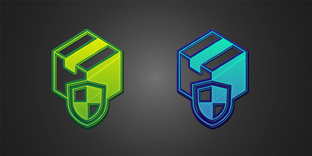 Green and blue Delivery security with shield icon isolated on black background. Delivery insurance. Insured cardboard boxes beyond the shield. Vectorのイラスト素材