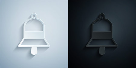 Paper cut Train station bell icon isolated on grey and black background. Paper art style. Vector