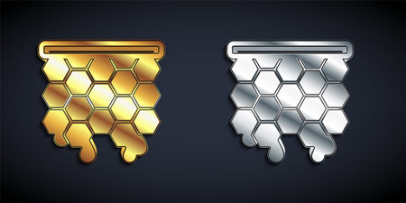 Gold and silver Honeycomb icon isolated on black background. Honey cells symbol. Sweet natural food. Long shadow style. Vectorのイラスト素材