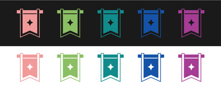 Set Medieval flag icon isolated on black and white background. Country, state, or territory ruled by a king or queen. Vectorのイラスト素材