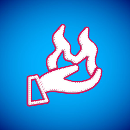 White Hand holding a fire icon isolated on blue background. Vectorのイラスト素材