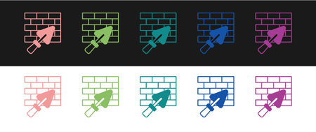 Set Brick wall with trowel icon isolated on black and white background. Vectorのイラスト素材