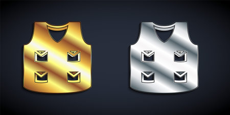 Gold and silver Fishing jacket icon isolated on black background. Fishing vest. Long shadow style. Vectorのイラスト素材