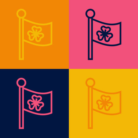 Pop art line National Ireland flag with clover trefoil leaf icon isolated on color background. Happy Saint Patricks day. National Irish holiday. Vectorのイラスト素材