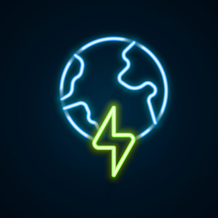 Glowing neon line Global energy power planet with flash thunderbolt icon isolated on black background. Ecology concept and environmental. Colorful outline concept. Vectorのイラスト素材