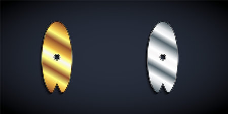Gold and silver Surfboard icon isolated on black background. Surfing board. Extreme sport. Sport equipment. Long shadow style. Vectorのイラスト素材