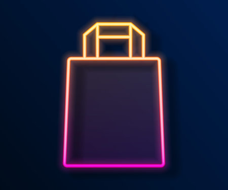 Glowing neon line Paper shopping bag icon isolated on black background. Package sign. Vectorのイラスト素材