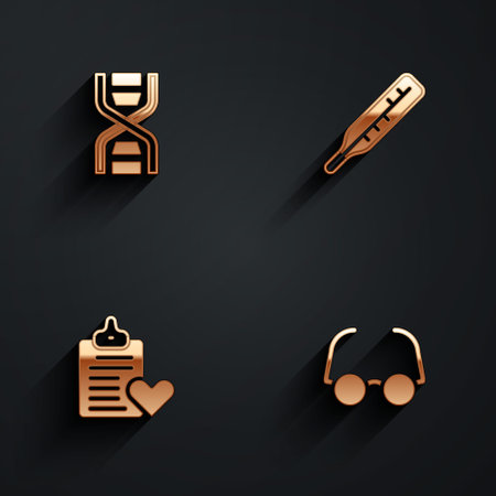 Set DNA symbol, Medical thermometer, Patient record and Glasses icon with long shadow. Vectorのイラスト素材