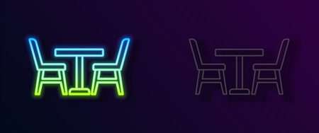 Glowing neon line Wooden table with chair icon isolated on black background. Vectorのイラスト素材