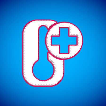 White Meteorology thermometer measuring heat and cold icon isolated on blue background. Thermometer...