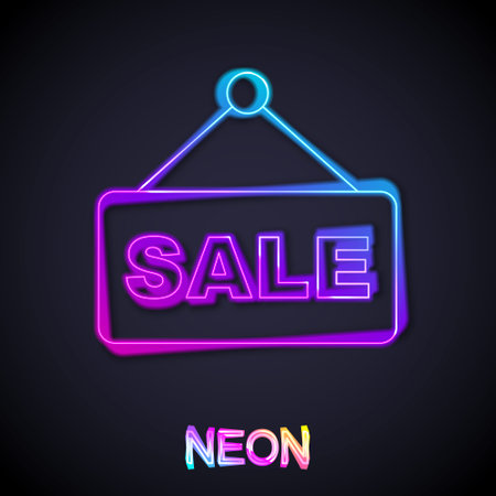 Glowing neon line Hanging sign with text Sale icon isolated on black background. Signboard with text Sale. Vectorのイラスト素材