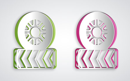 Paper cut Car tire wheel icon isolated on grey background. Paper art style. Vectorのイラスト素材