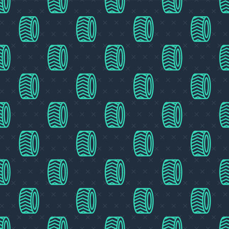 Green line Car tire wheel icon isolated seamless pattern on blue background. Vectorのイラスト素材