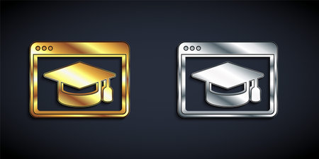 Gold and silver Online education and graduation icon isolated on black background. Online teacher on monitor. Webinar and video seminar learning. Long shadow style. Vectorのイラスト素材
