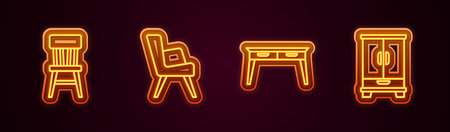 Set line Chair, Armchair, Office desk and Wardrobe. Glowing neon icon. Vectorのイラスト素材