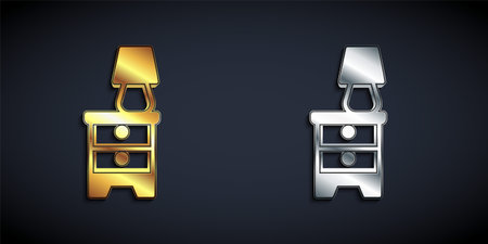 Gold and silver Furniture nightstand with lamp icon isolated on black background. Long shadow style. Vectorのイラスト素材