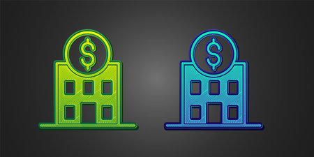 Green and blue Bank building icon isolated on black background. Vectorのイラスト素材