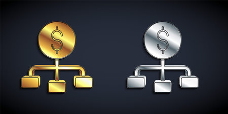 Gold and silver Dollar on top of financial hierarchy icon isolated on black background. Long shadow style. Vectorのイラスト素材