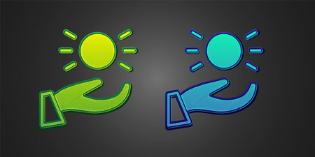Green and blue Ball levitating above hand icon isolated on black background. Levitation symbol. Vectorのイラスト素材