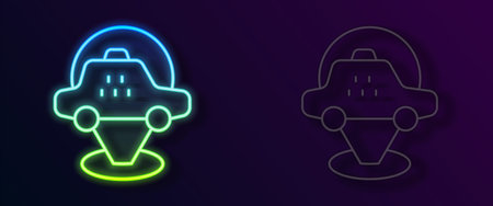 Glowing neon line Map pointer with taxi car icon isolated on black background. Location symbol. Vectorのイラスト素材