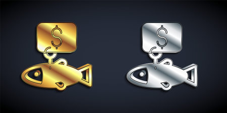 Gold and silver Price tag for fish icon isolated on black background. Long shadow style. Vectorのイラスト素材