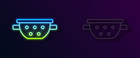 Glowing neon line Kitchen colander icon isolated on black background. Cooking utensil. Cutlery sign. Vectorのイラスト素材