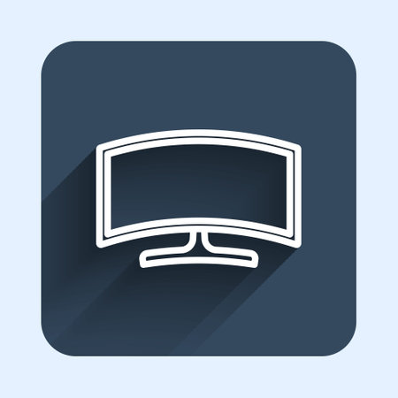 White line Computer monitor icon isolated with long shadow background. PC component sign. Blue square button. Vectorのイラスト素材