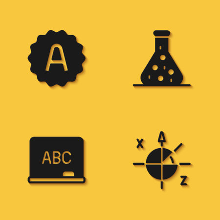 Set Exam sheet with A plus grade, Trigonometric circle, Chalkboard and Test tube icon with long shadow. Vectorのイラスト素材