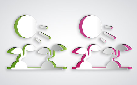 Paper cut Plant sprouts grow in the sun icon isolated on grey background. Seedling concept. Paper art style. Vectorのイラスト素材
