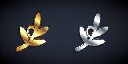 Gold and silver Olives branch icon isolated on black background. Long shadow style. Vectorのイラスト素材