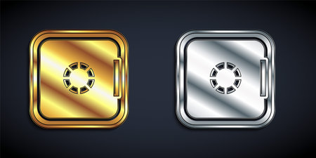 Gold and silver Safe icon isolated on black background. The door safe a bank vault with a combination lock. Reliable Data Protection. Long shadow style. Vectorのイラスト素材