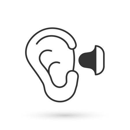 Grey Earplugs and ear icon isolated on white background. Ear plug sign. Noise symbol. Sleeping quality concept. Vectorのイラスト素材