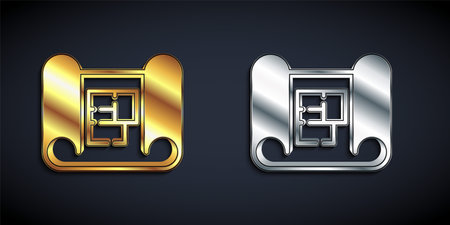 Gold and silver House plan icon isolated on black background. Long shadow style. Vectorのイラスト素材