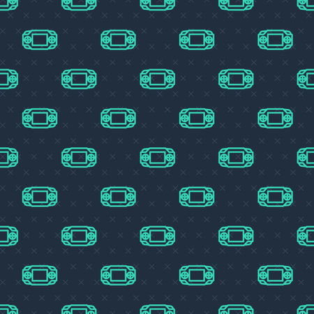 Green line Portable video game console icon isolated seamless pattern on blue background. Handheld console gaming. Vectorのイラスト素材