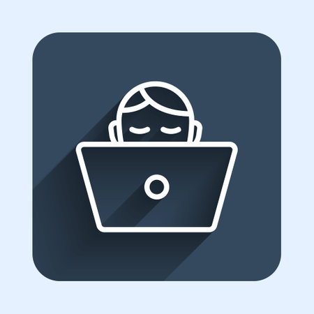 White line Freelancer icon isolated with long shadow background. Freelancer man working on laptop at his house. Online working, distant job concept. Blue square button. Vectorのイラスト素材