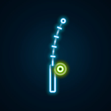 Glowing neon line Fishing rod icon isolated on black background. Catch a big fish. Fishing equipment and fish farming topics. Colorful outline concept. Vectorのイラスト素材