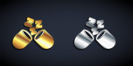 Gold and silver Sleeping pill icon isolated on black background. Long shadow style. Vectorのイラスト素材